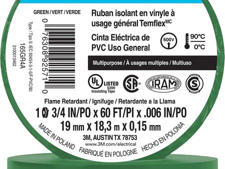 3M Temflex Multi-Purpose Vinyl Electrical Tape 165, Green, 3 4 in x 60 ft (19 mm x 18 m), 10 Roll Pack Hot on Sale