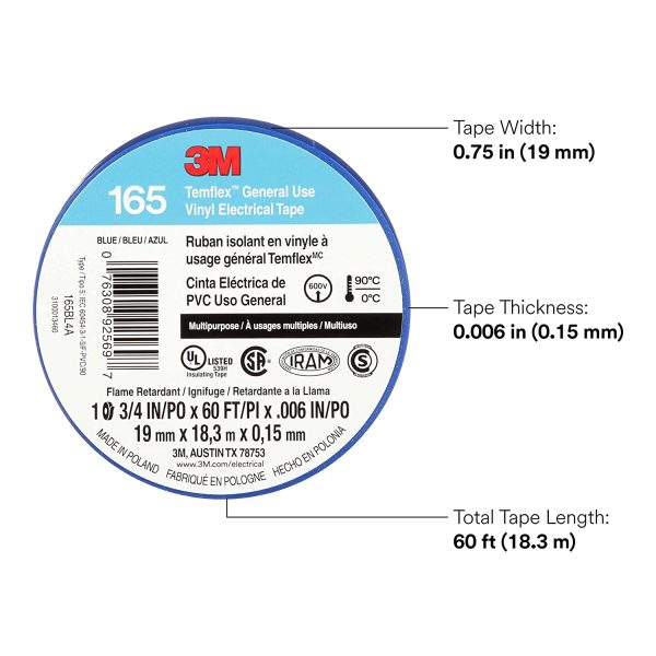 3M Temflex Multi-Purpose Vinyl Electrical Tape 165, Blue, 3 4 in x 60 ft (19 mm x 18 m), 10 Roll Pack For Cheap