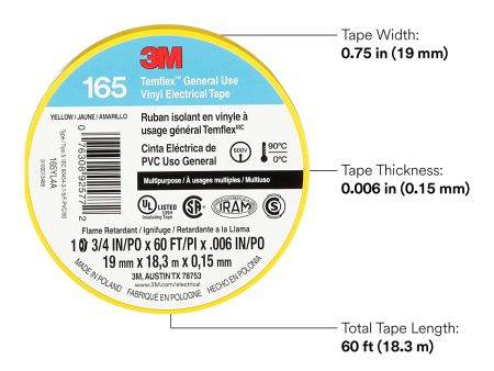 3M Temflex Multi-Purpose Vinyl Electrical Tape 165, Yellow, 3 4 in x 60 ft (19 mm x 18 m), 10 Roll Pack Hot on Sale