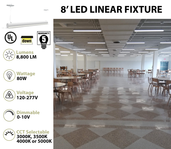 8 FT LED Suspended Linear Fixture G2, 9600 Lumen Max, 80W, CCT Selectable, 120-277V, 0-10V Dimmable For Sale