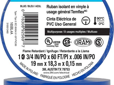 3M Temflex Multi-Purpose Vinyl Electrical Tape 165, Blue, 3 4 in x 60 ft (19 mm x 18 m), 10 Roll Pack For Cheap