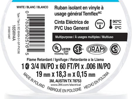 3M Temflex Multi-Purpose Vinyl Electrical Tape 165, White, 3 4 in x 60 ft (19 mm x 18 m), 10 Roll Pack For Sale